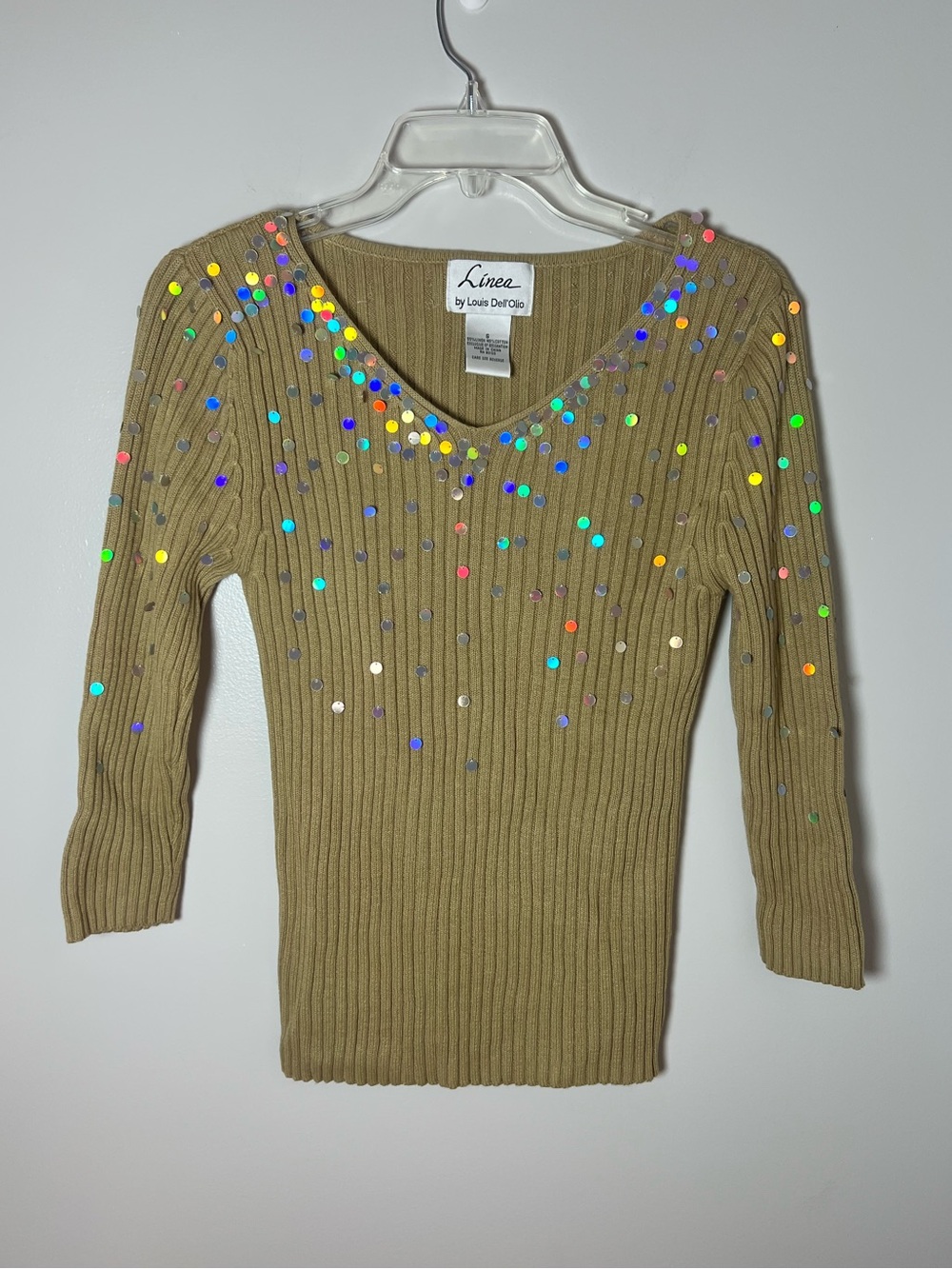 Vintage Sequin Mermaid Linen Cotton Tan Ribbed Sweater Festival Rave Size S